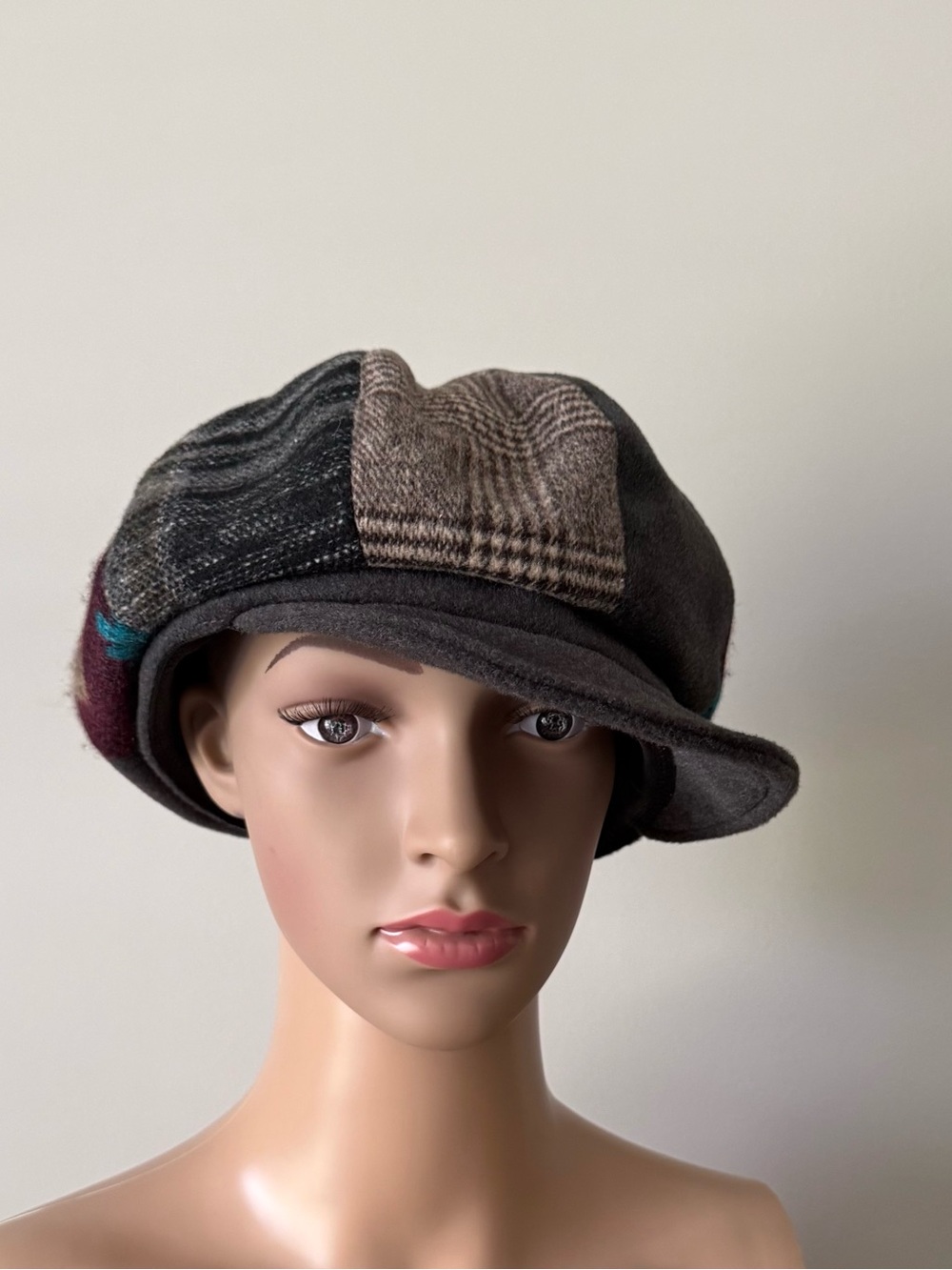 Missguided Patchwork Newsboy Cap - Gray, Brown, Black with Teal Accent